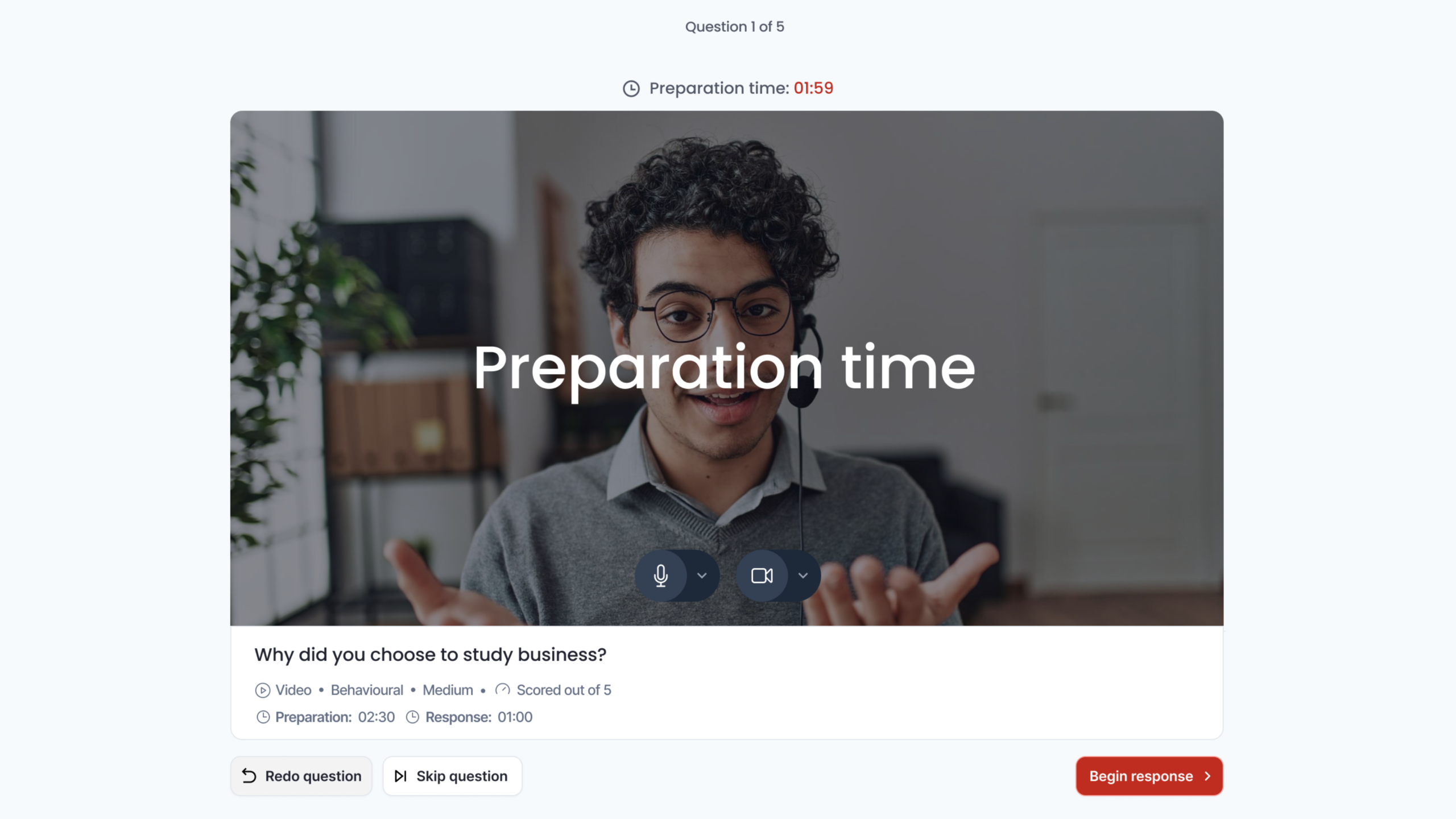 Video interview practice with timed preparation